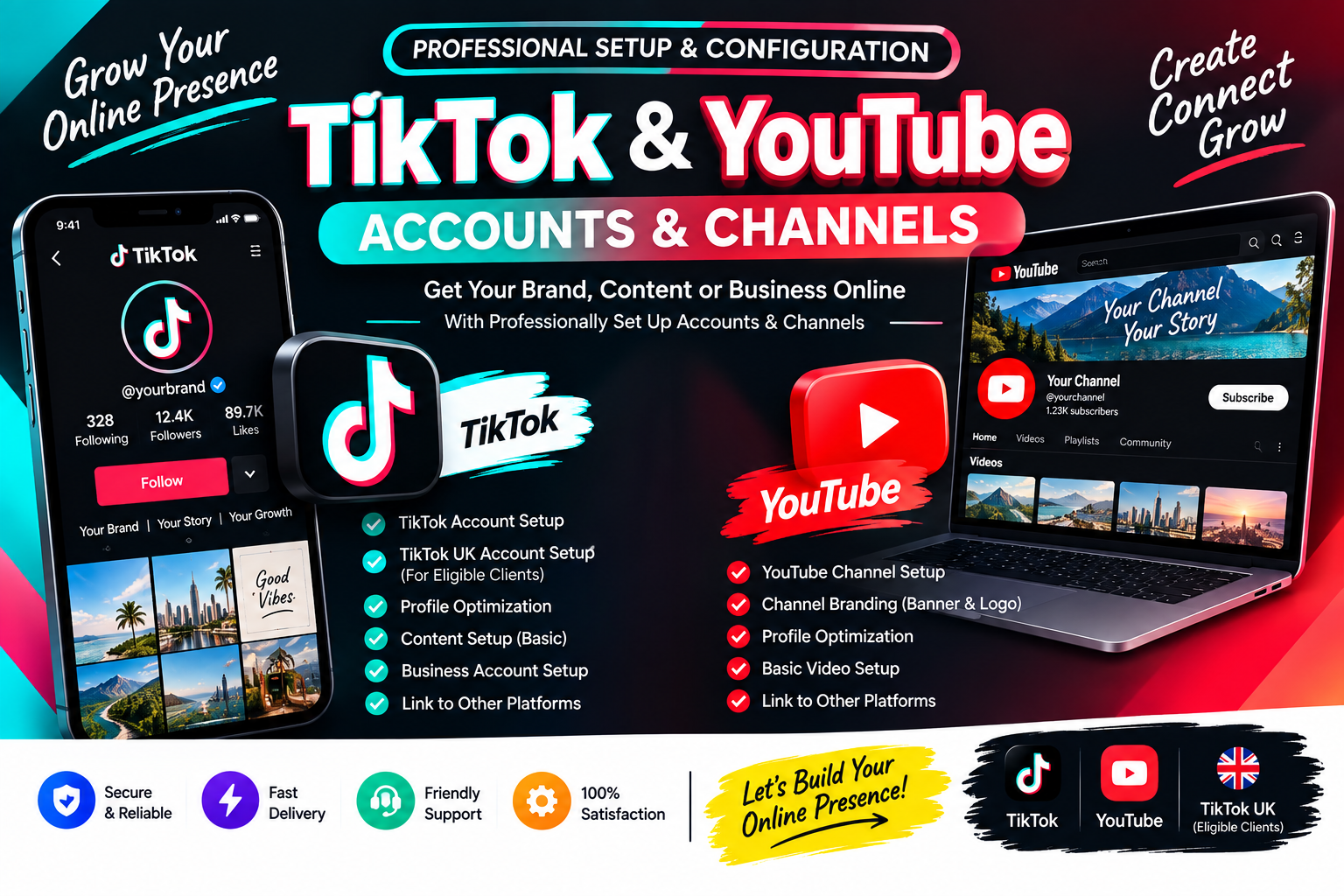 I will set up Facebook, Instagram, TikTok, YouTube and business profiles